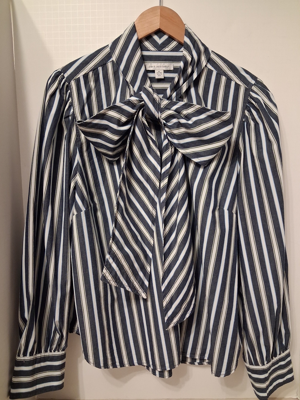 Free Assembly Cotton Tie Neck Blouse with Long Puff Sleeves Blue & White XL